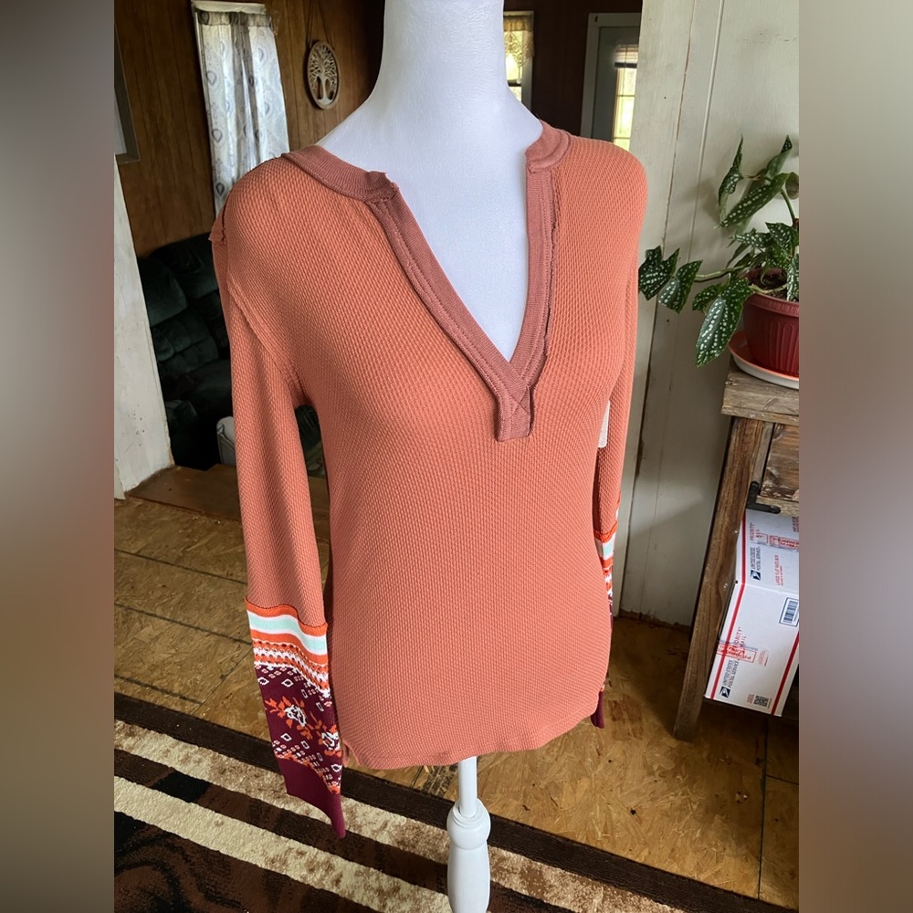 NWT Free People We The Free Waffle Knit Crochet Sleeve Top Size Small Oversized